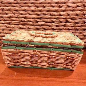 Vintage-1960s Wicker Sewing Basket, wood bottom, satiny fabric inside, Japan